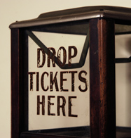 Antique ticket receptacle at historic Union Hall Theater, Chesterhill, OH. Photo by John Halley.