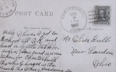 Postcard postmarked Chesterhill, Ohio, November 8, 1907